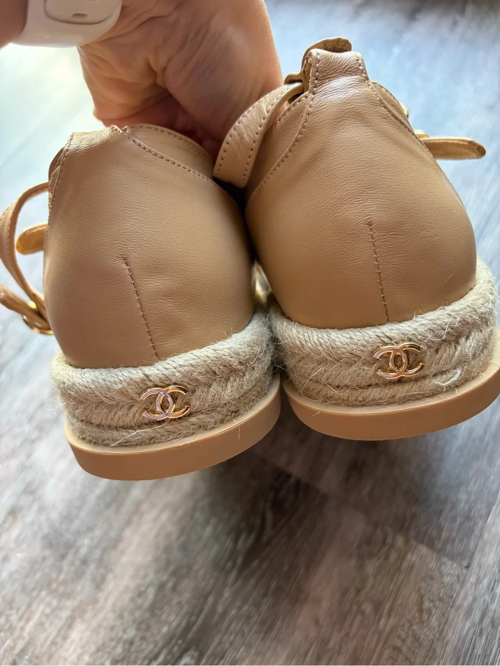CHANEL Tan Leather Strappy Espadrille Sandals with CC Emblem